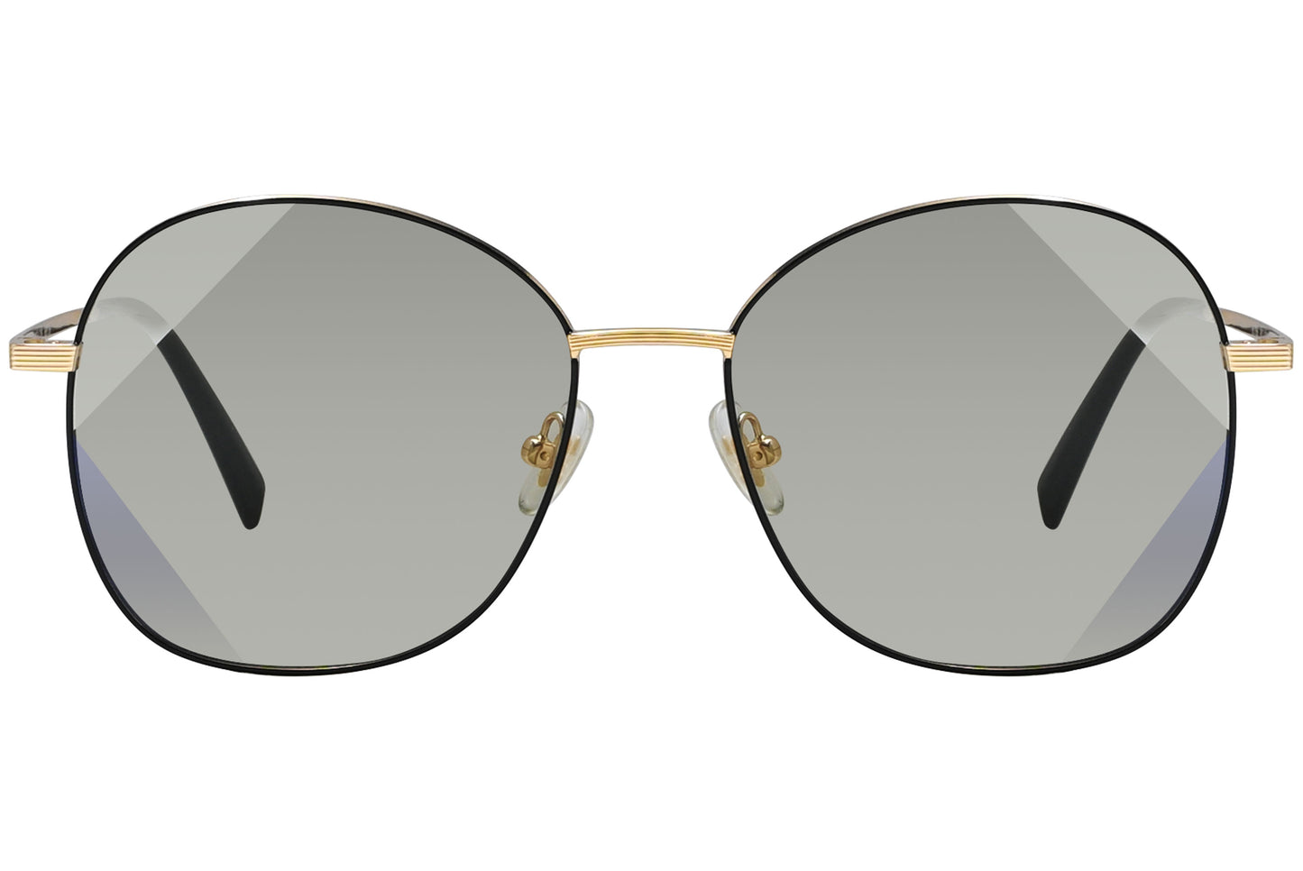A pair of round gold sunglasses with a metallic frame and clear lenses.