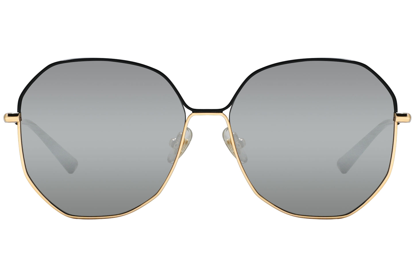 A pair of gold-colored geometric sunglasses with mirrored lenses.