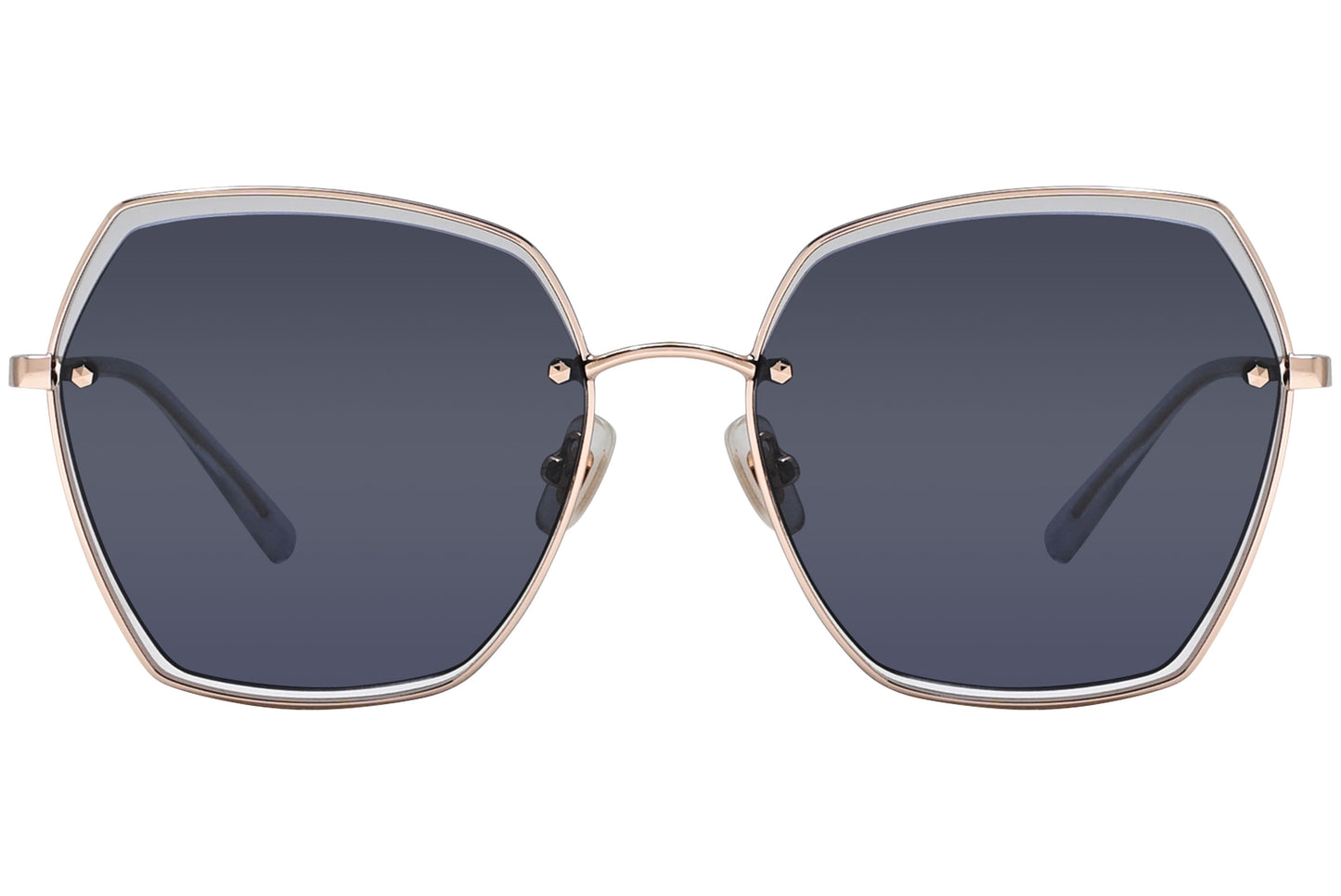 A pair of gray geometric sunglasses with a metallic frame.