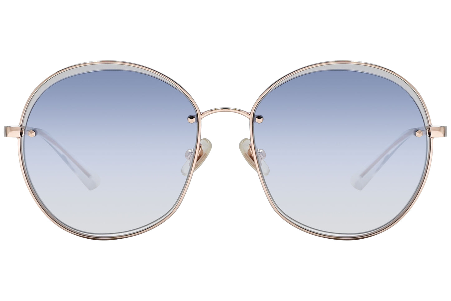A pair of round full frame sunglasses with gold metal frame and blue lenses.