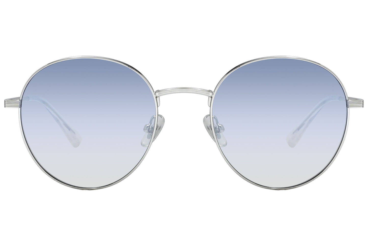 A pair of round silver sunglasses with blue lenses.