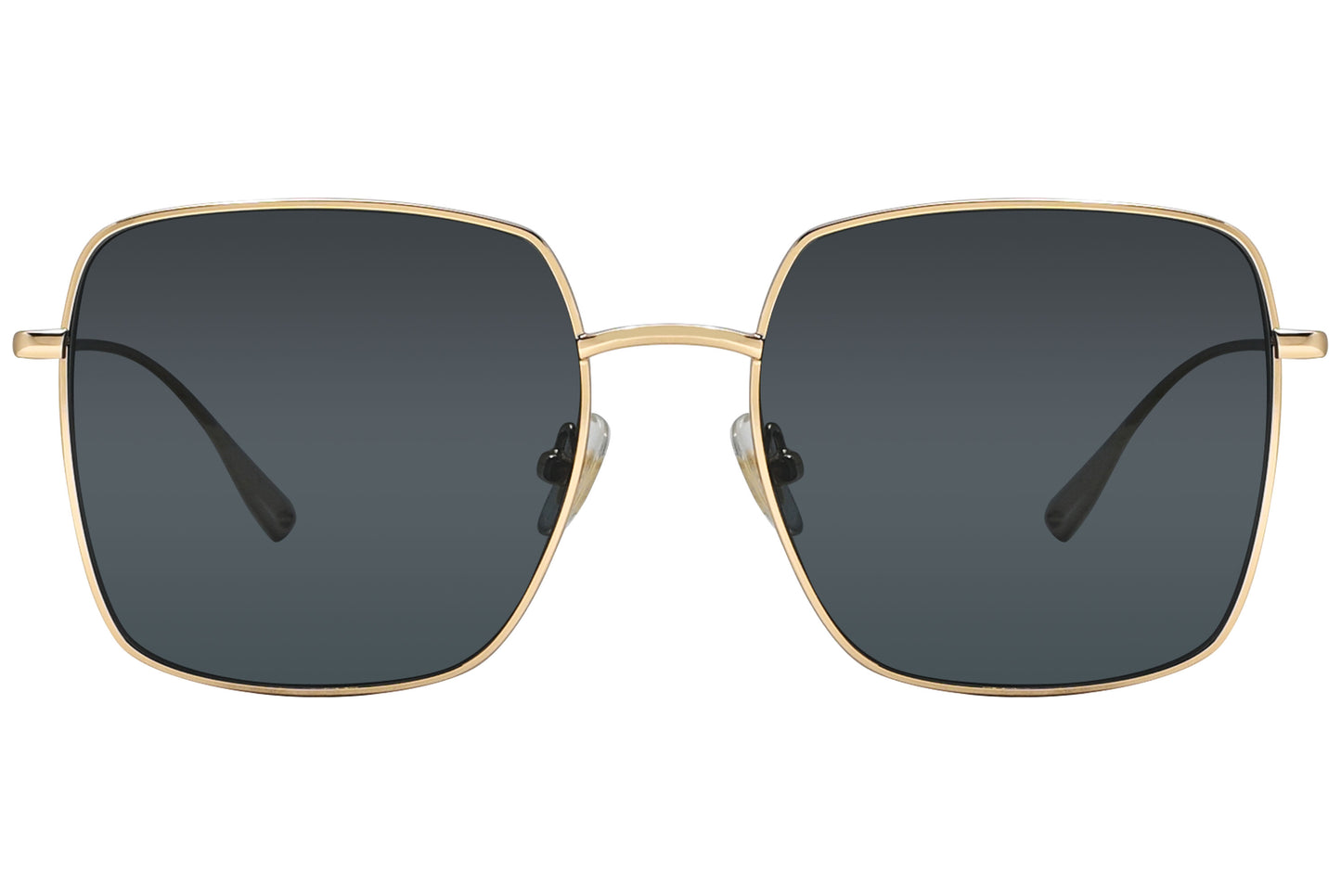 A pair of square-shaped gold sunglasses with a full frame design.