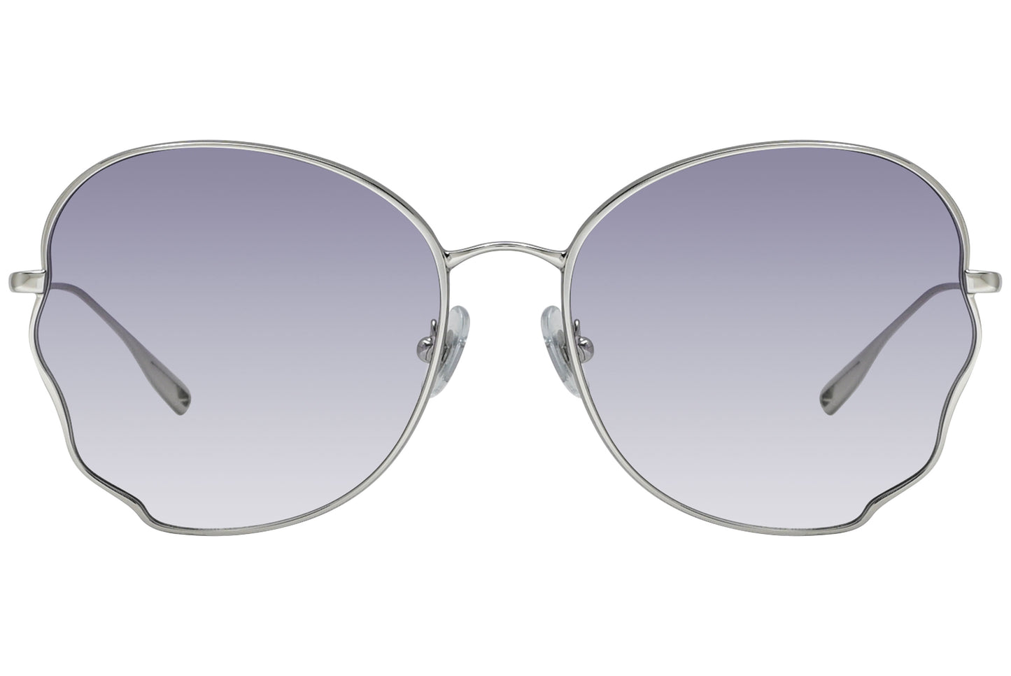 A pair of silver geometric sunglasses with a cat-eye shape and blue gradient lenses.