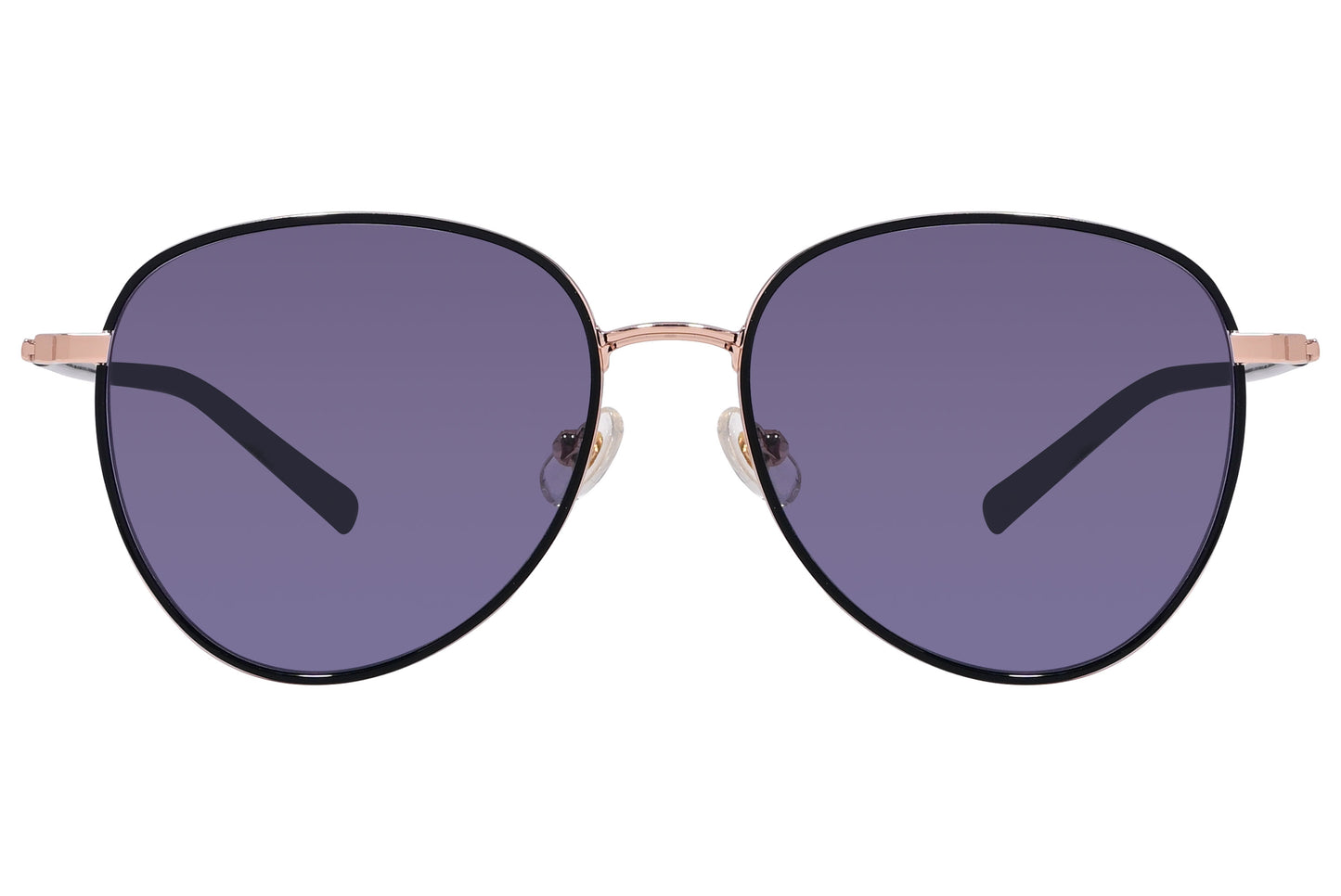 A pair of oval sunglasses with black lenses and a metallic frame.