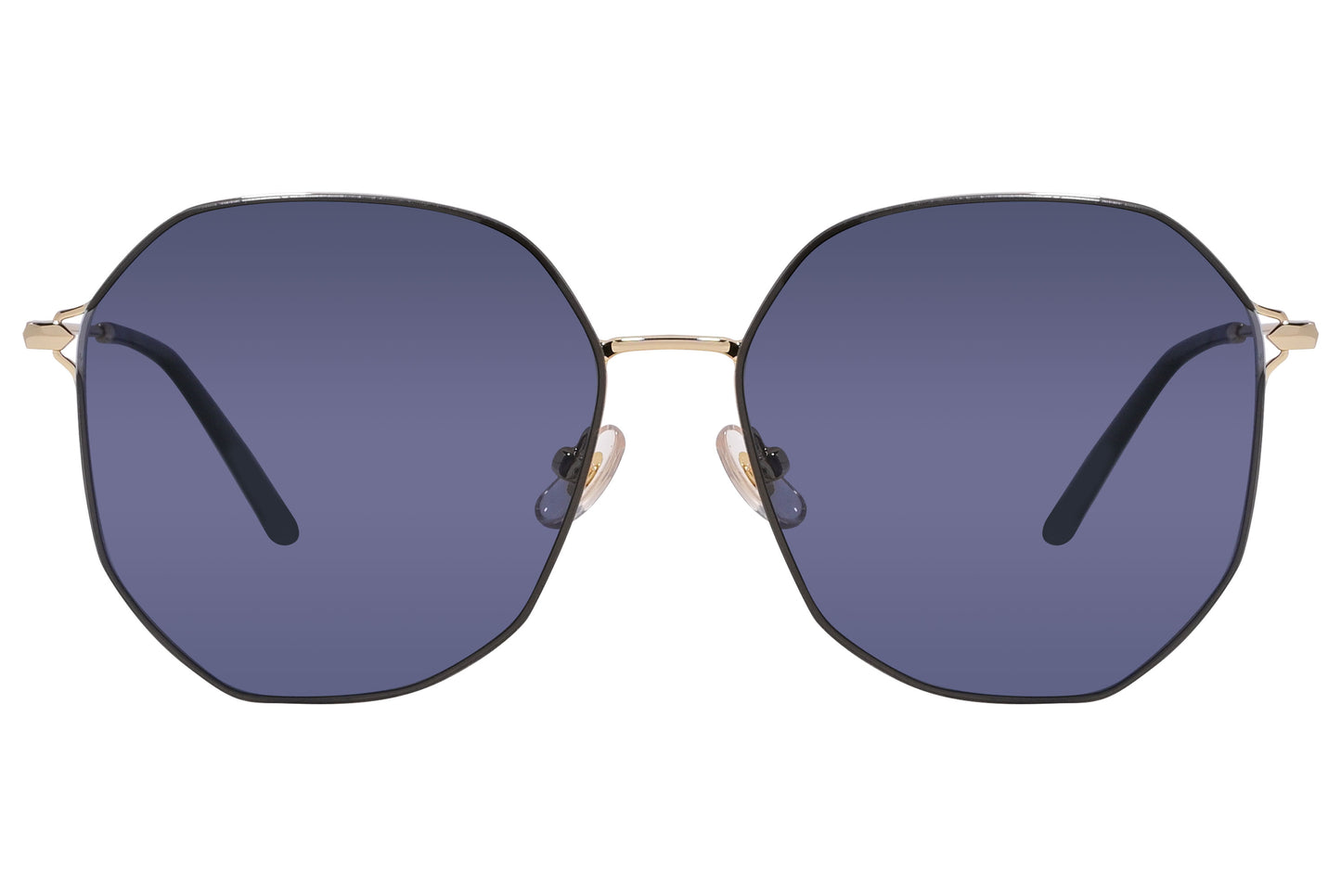 A pair of hexagonal blue sunglasses with a gold frame.