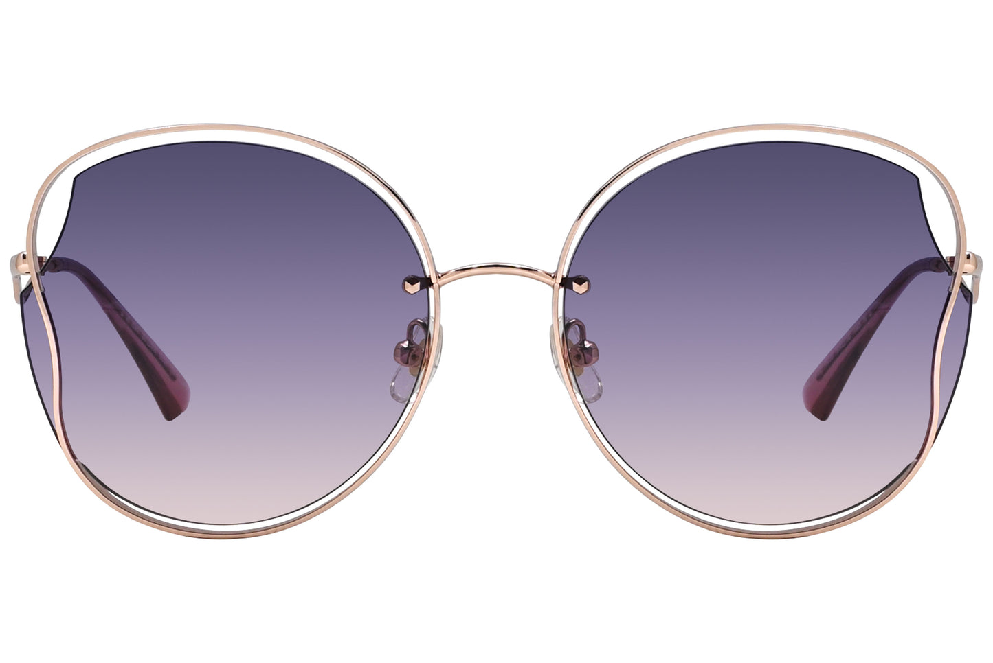 A pair of round sunglasses with a gold frame and gradient lenses.