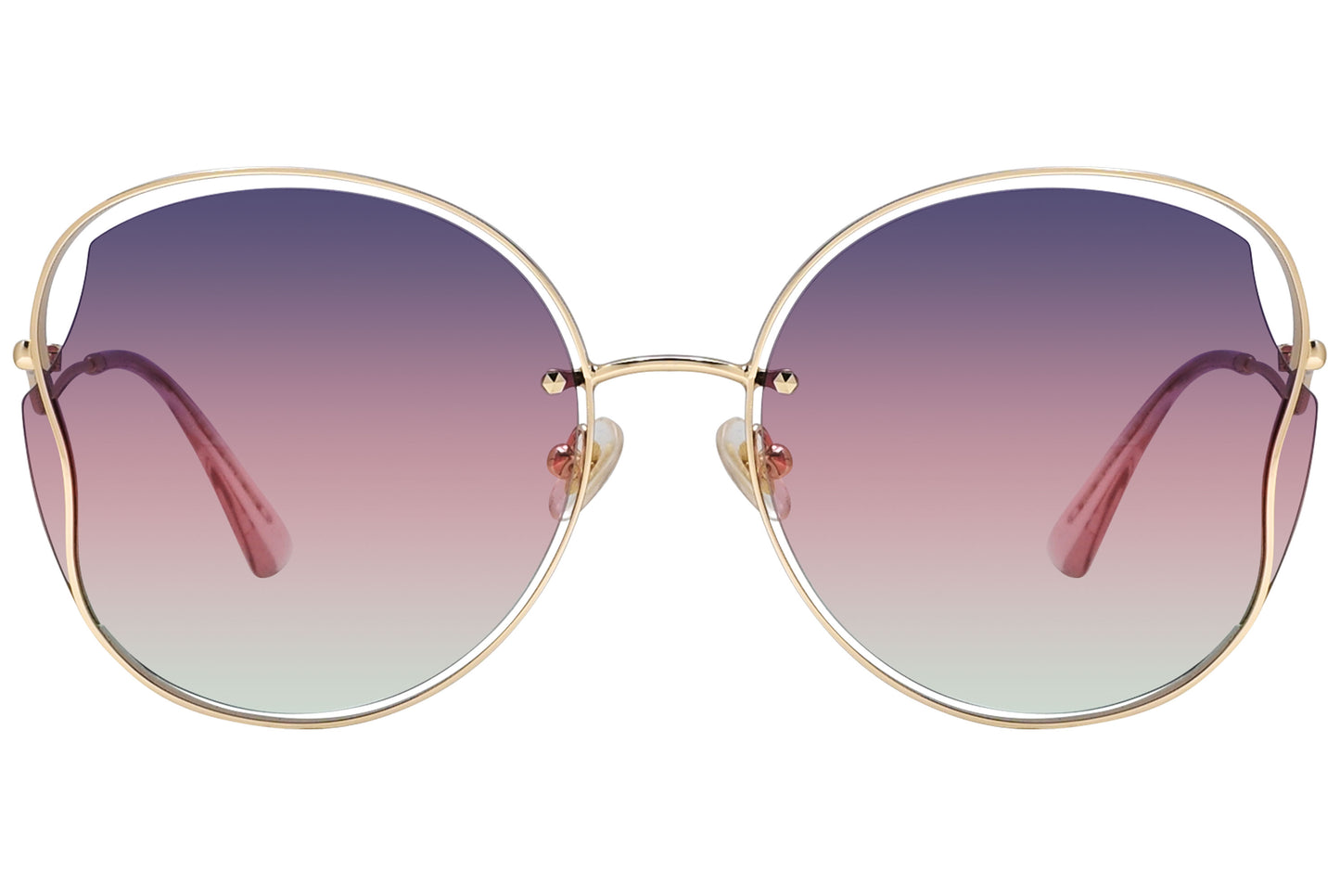 A pair of round sunglasses with a gold frame and gradient lenses, transitioning from purple to pink.
