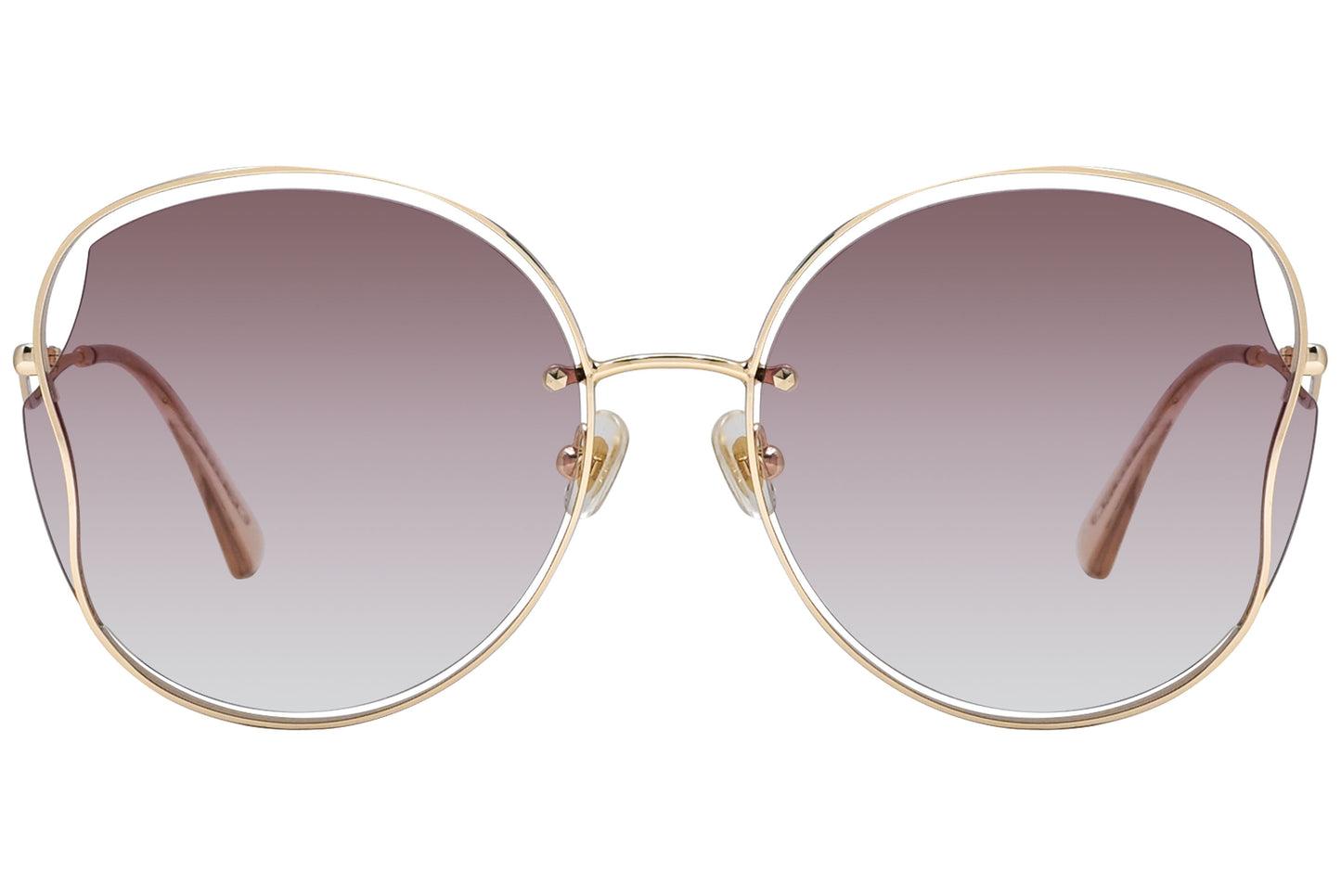 A pair of round gold sunglasses with gradient lenses.