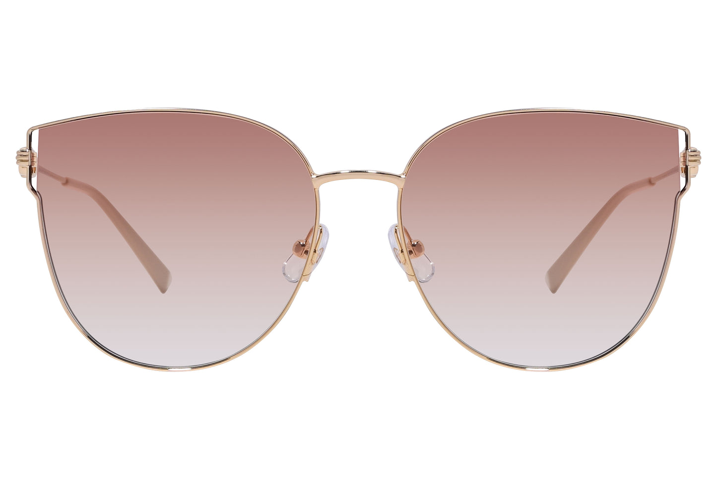 A pair of oval pink sunglasses with a metallic frame.