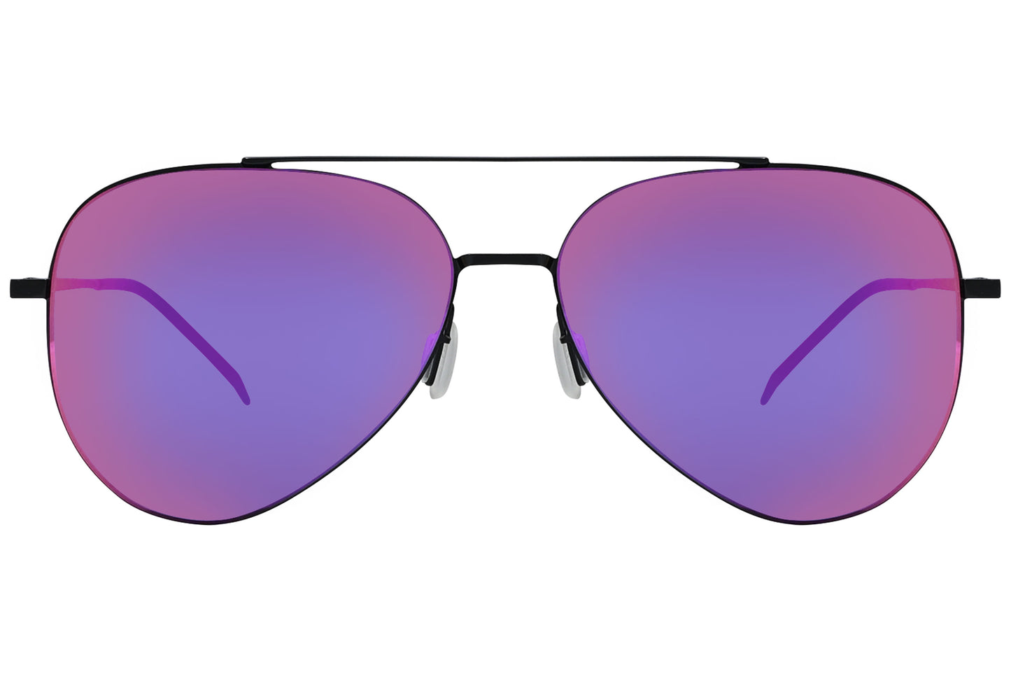 A pair of aviator sunglasses with a black frame and gradient lenses that transition from purple to pink.