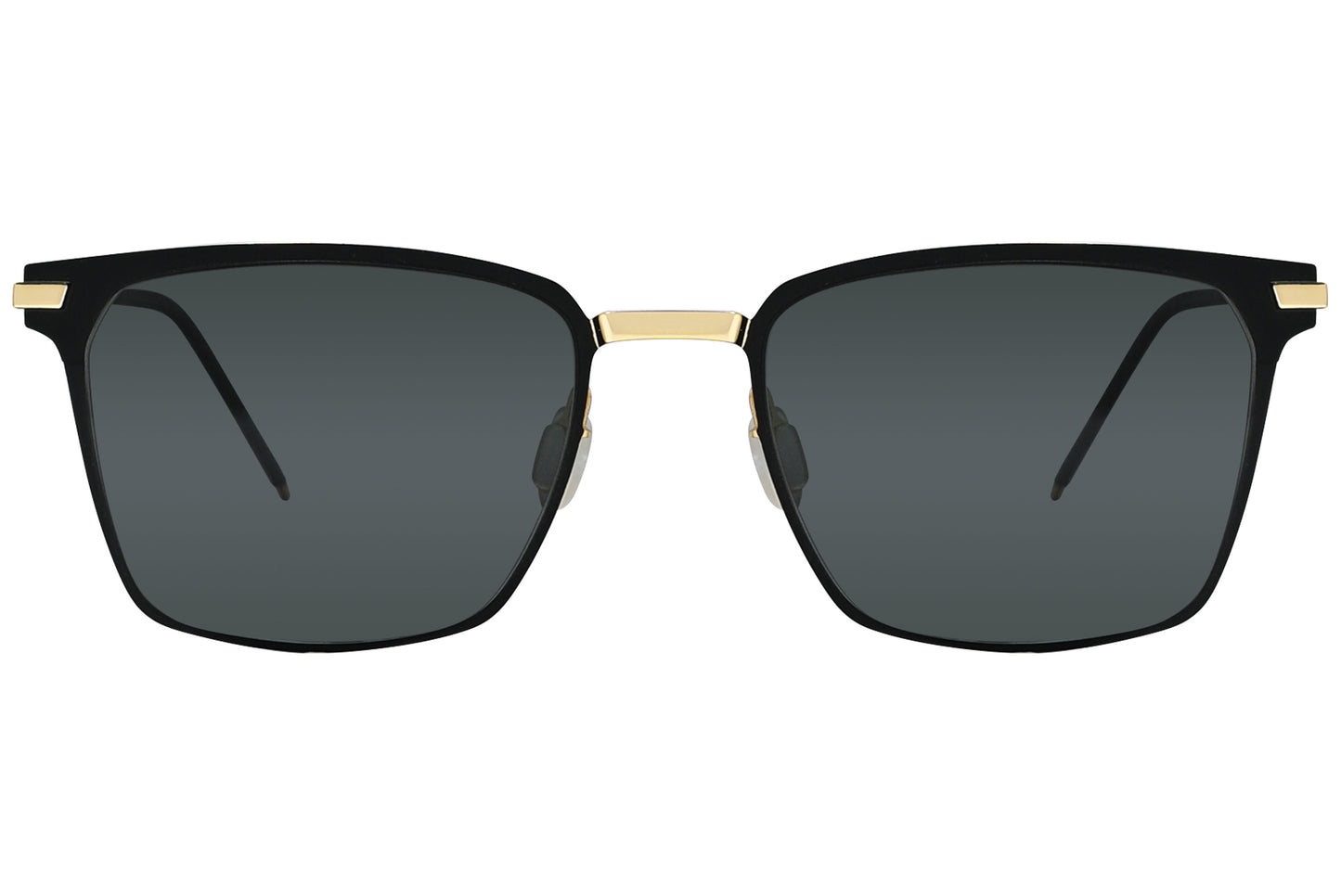A pair of square-shaped sunglasses with a black frame and gold accents on the arms.