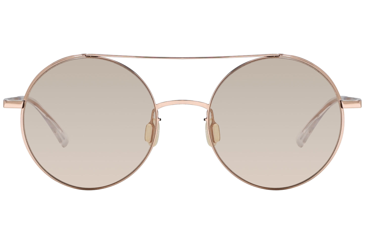 A pair of beige round sunglasses with a metallic frame and tinted lenses.