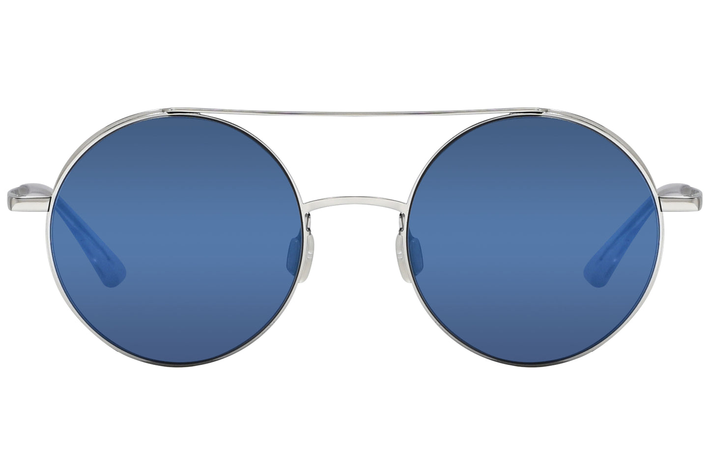 A pair of round blue sunglasses with a metallic frame.
