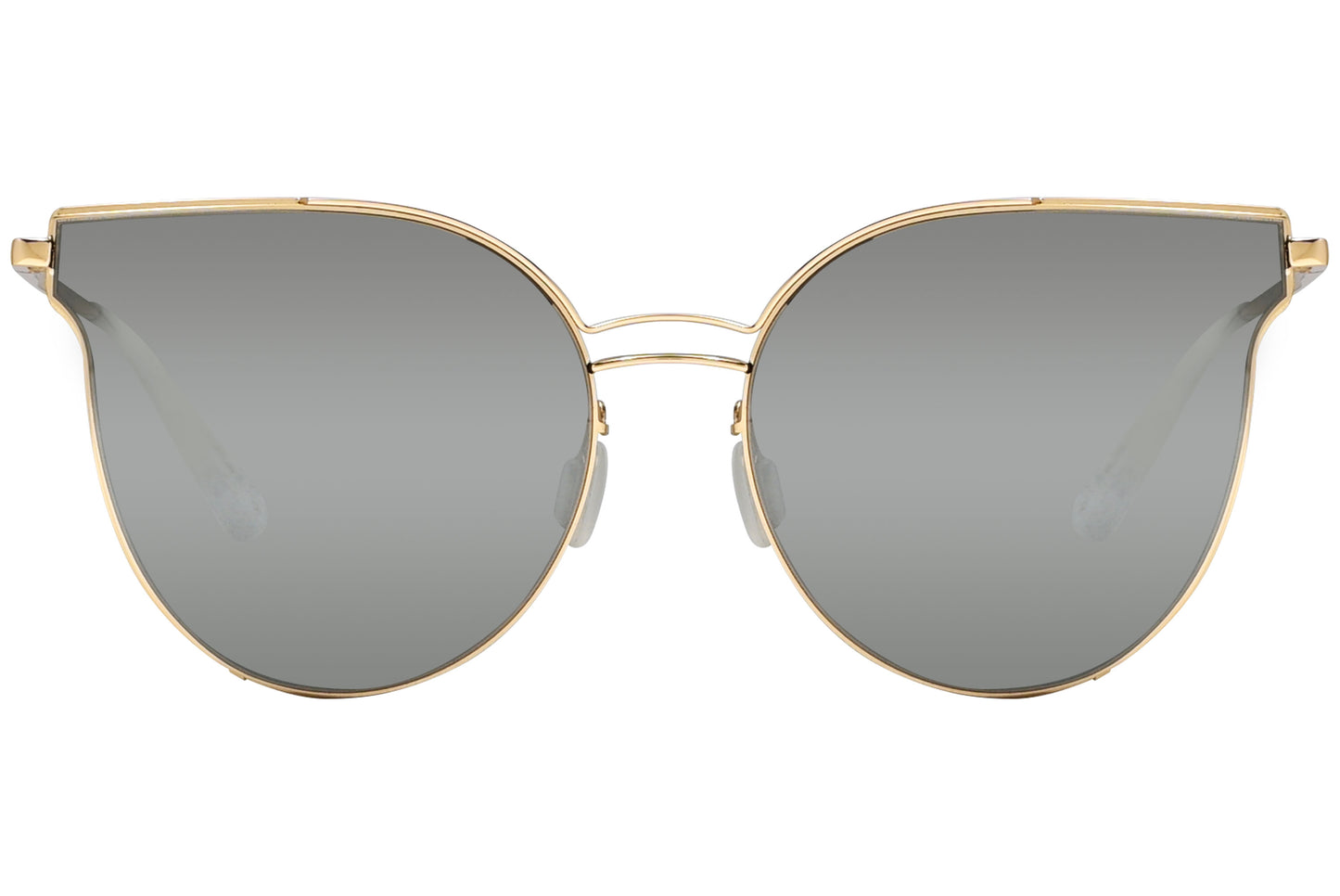 A pair of gray cat-eye sunglasses with a gold frame.