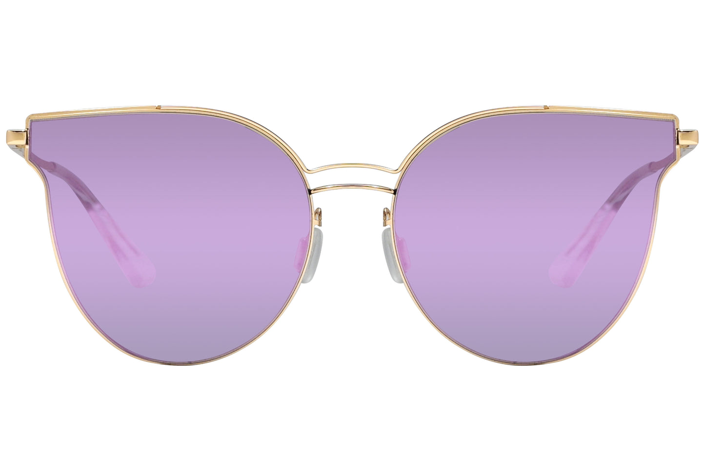 A pair of cat-eye sunglasses with pink lenses and gold metal frame.