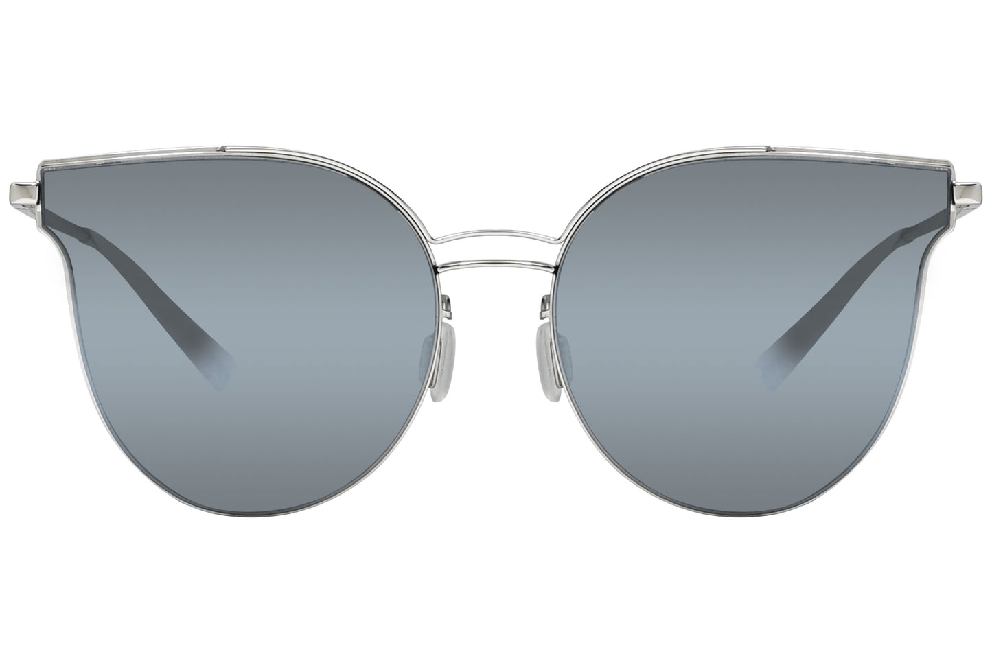 A pair of silver cat-eye sunglasses with a metallic frame and reflective lenses.