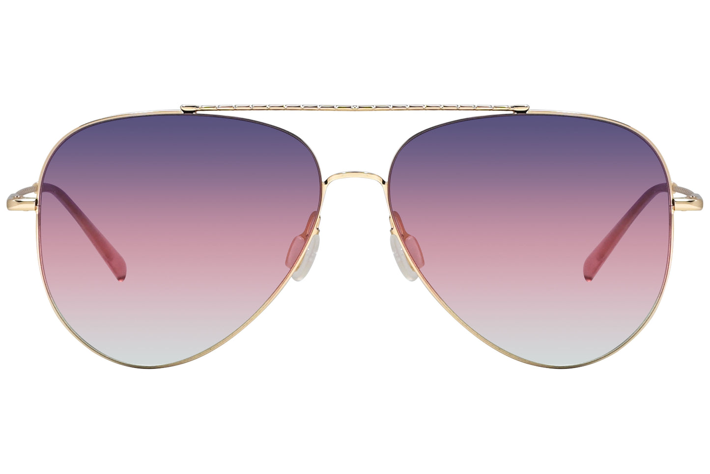 A pair of aviator-style sunglasses with gold metal frame and gradient lenses that are purple at the top and pink at the bottom.