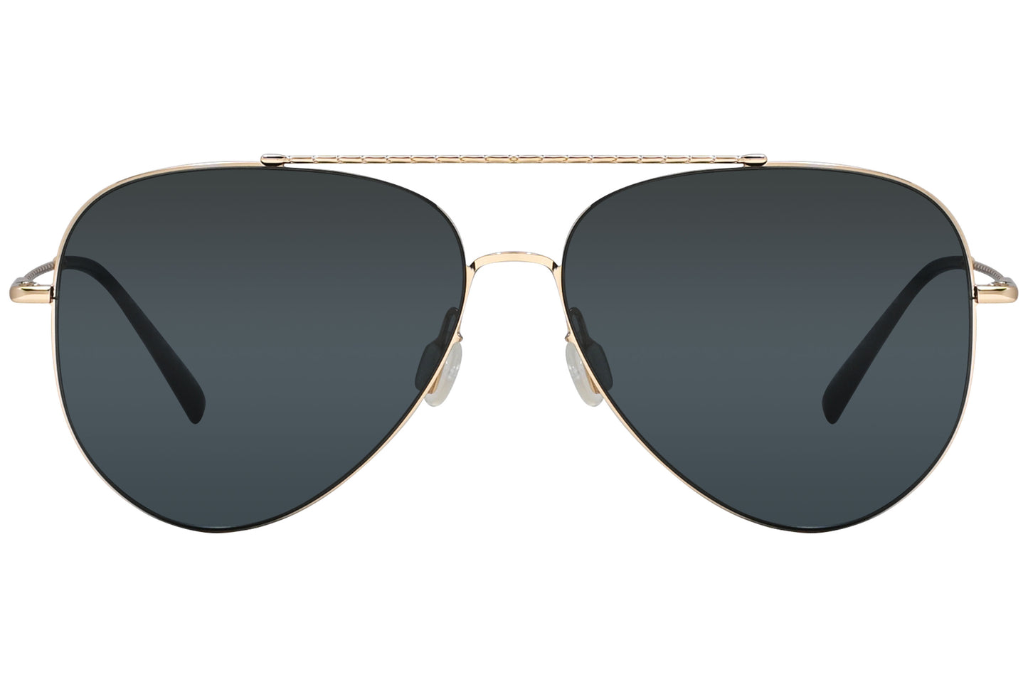 A pair of aviator-style sunglasses with a gold frame and dark lenses.
