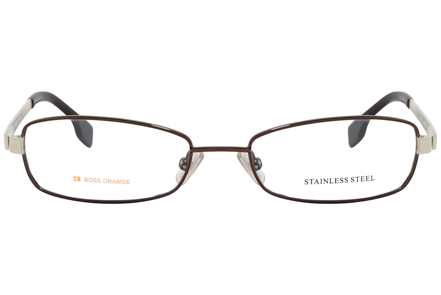 A pair of bronze-colored rectangle eyeglasses with the text 'STAINLESS STEEL' visible on the frame.
