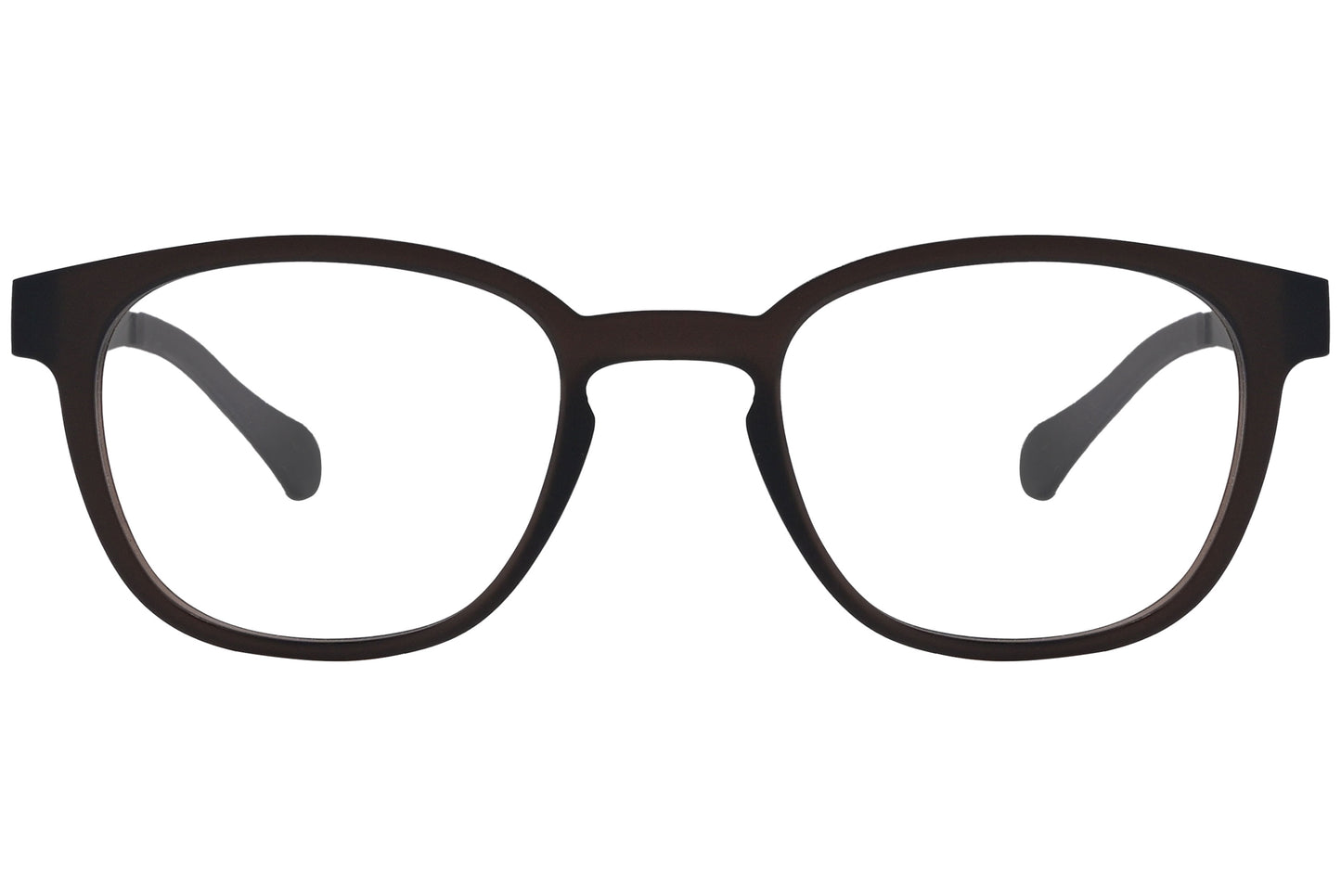 A pair of square eyeglasses with a black frame, as seen from the front view.