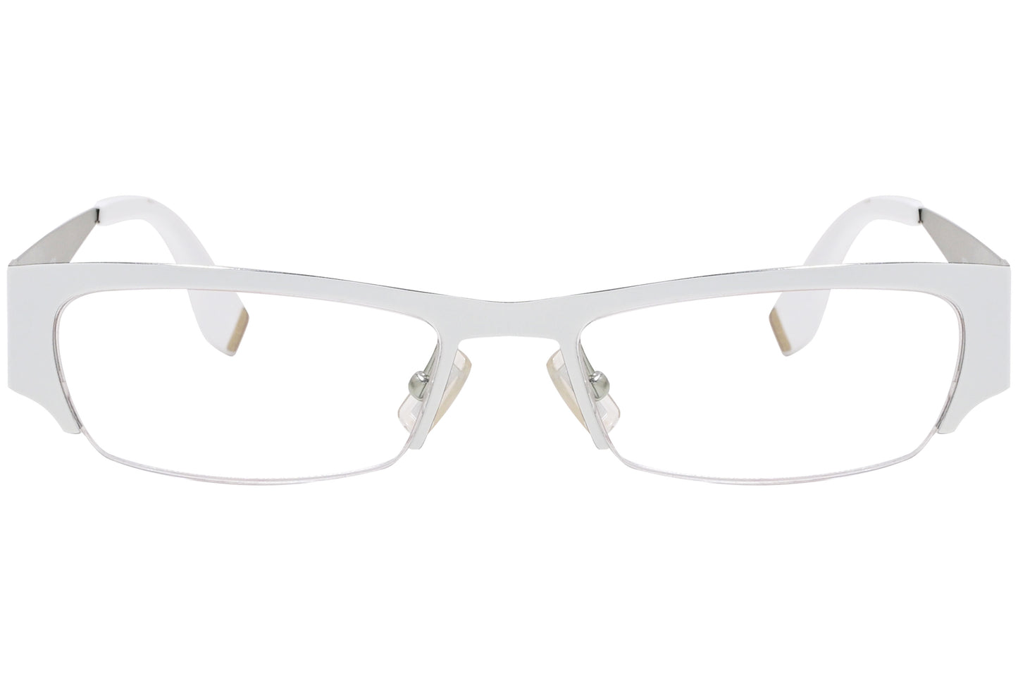 White rectangle eyeglasses with a metallic hinge