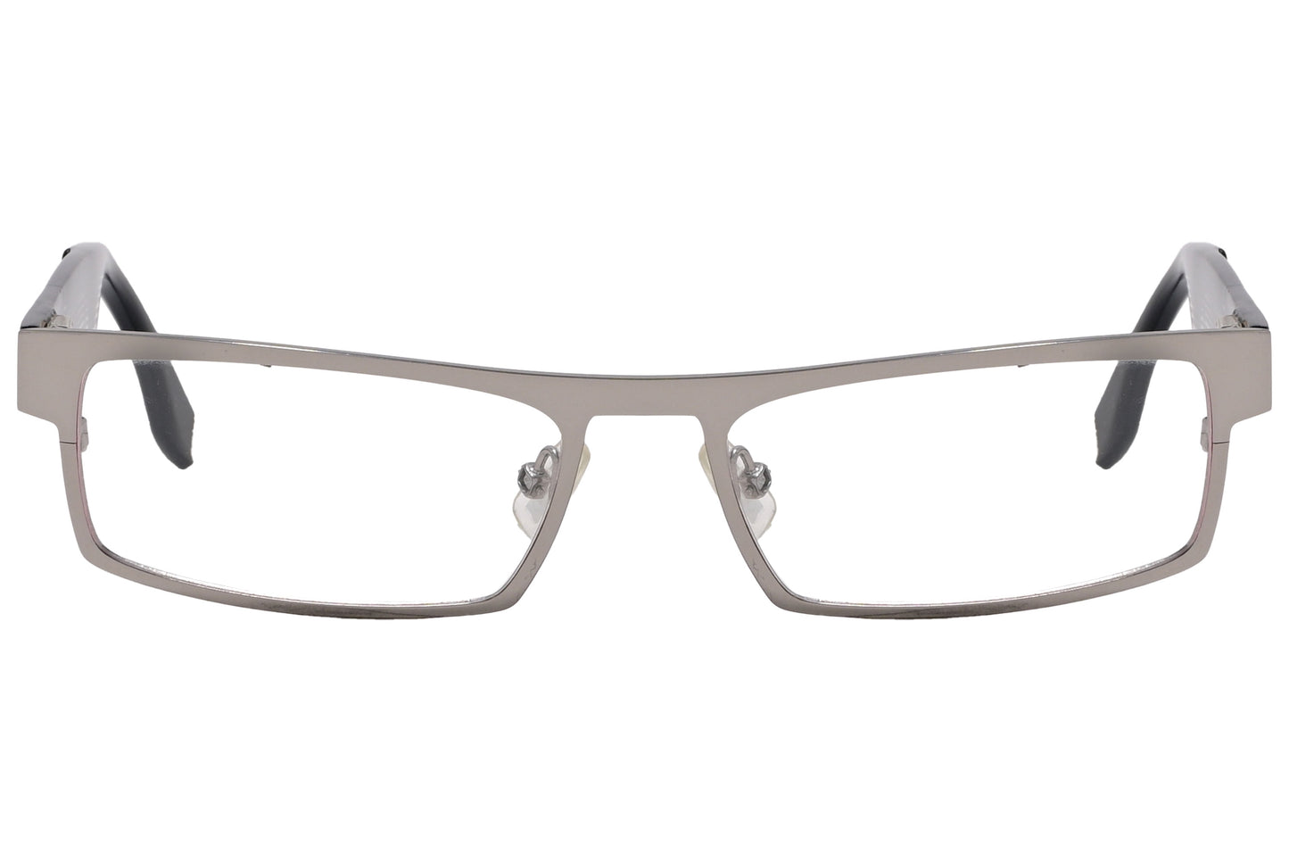 A pair of gray rectangle eyeglasses with a metal frame.