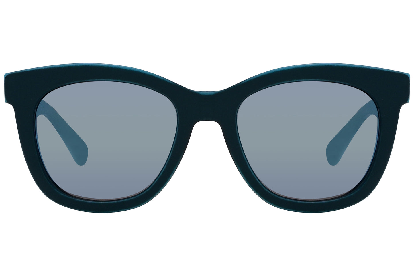 Blue wayfarer style sunglasses with a black frame and tinted lenses.
