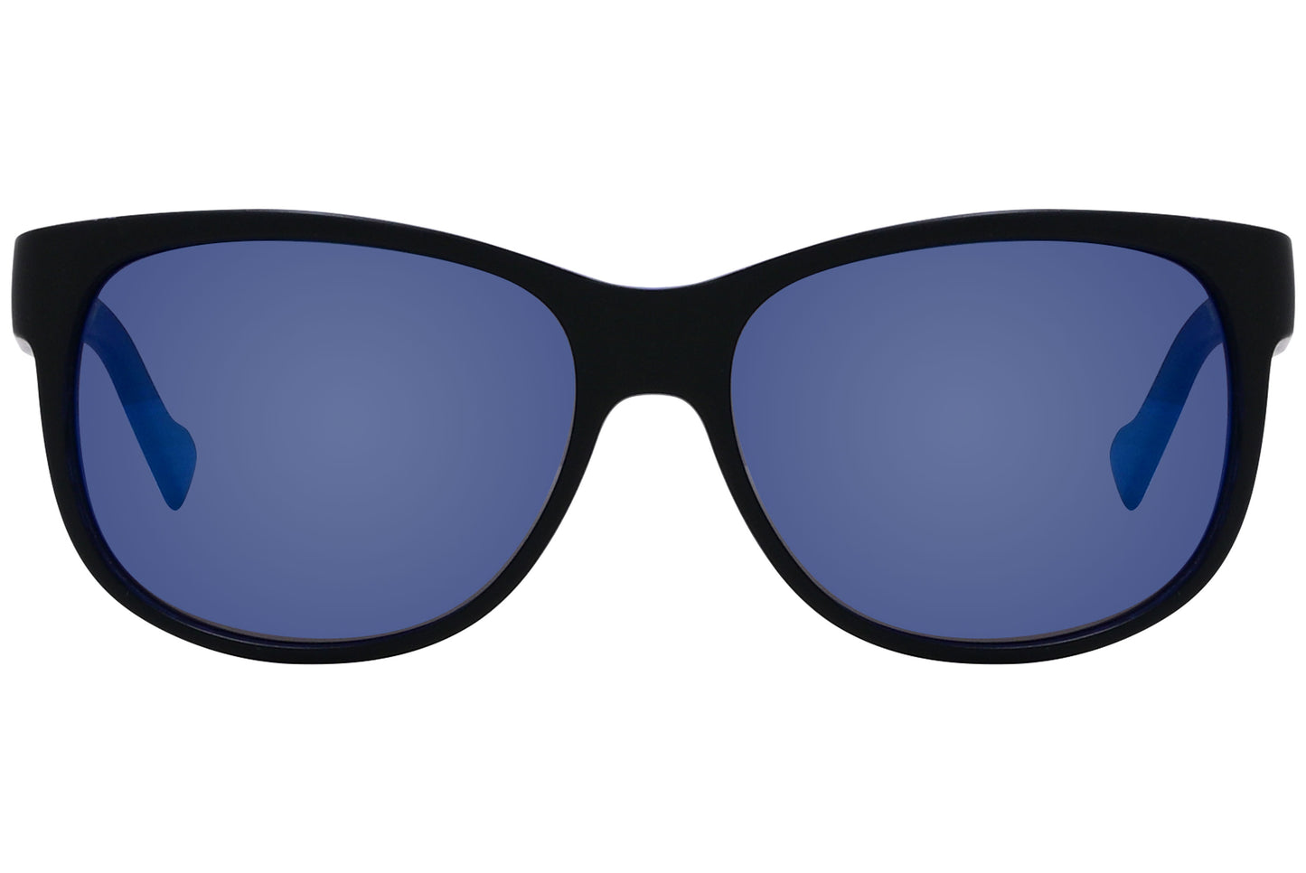 Black wayfarer sunglasses with blue lenses.