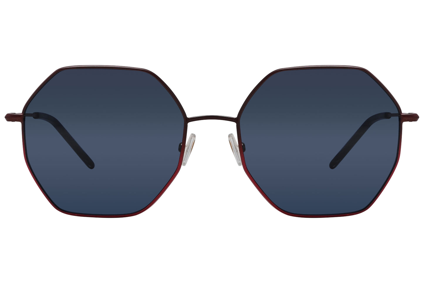 A pair of red geometric sunglasses with a hexagonal frame design.
