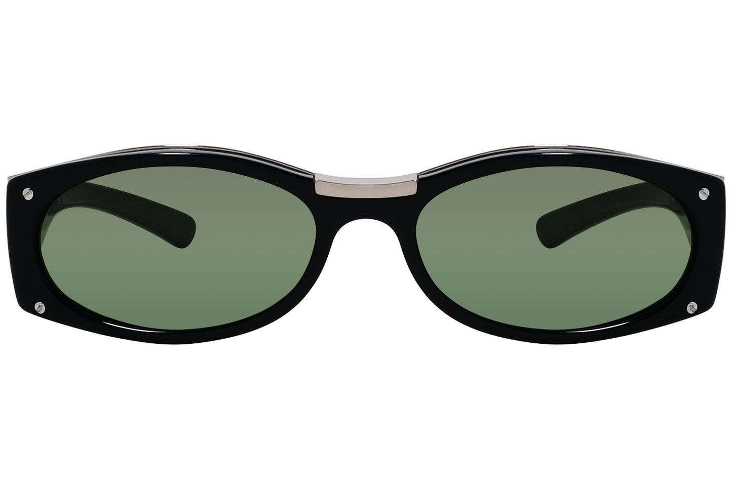 Close-up of black Bottega Veneta oval sunglasses showcasing lens clarity and signature detailing