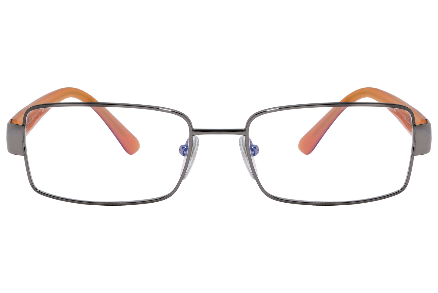 A pair of rectangle eyeglasses with orange temples and a metallic frame.