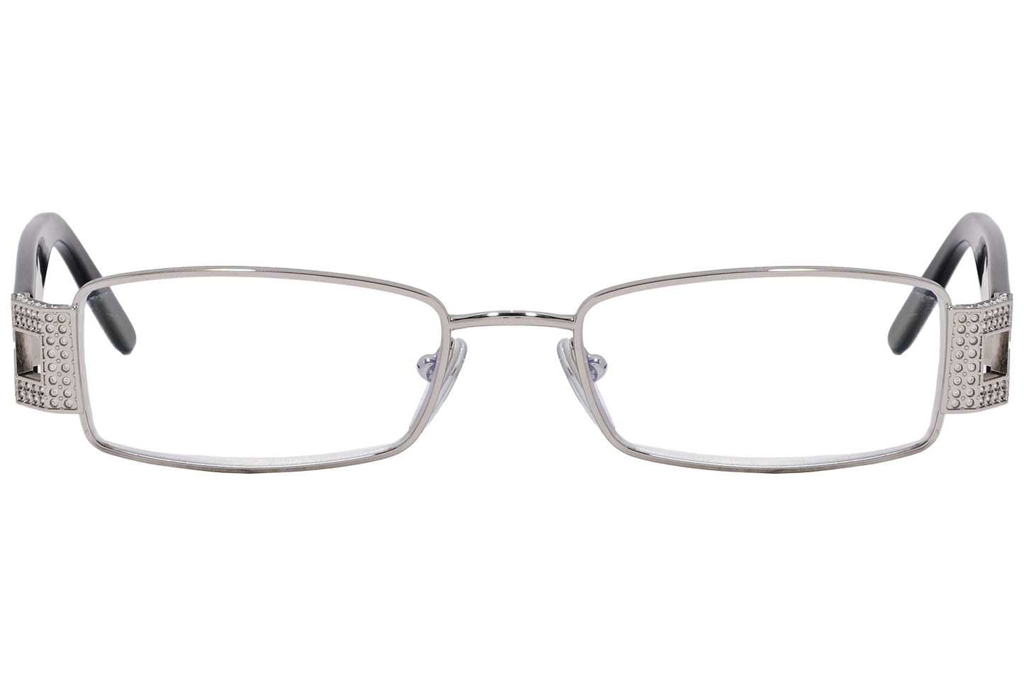 A pair of black rectangle eyeglasses with a metallic hinge detail.