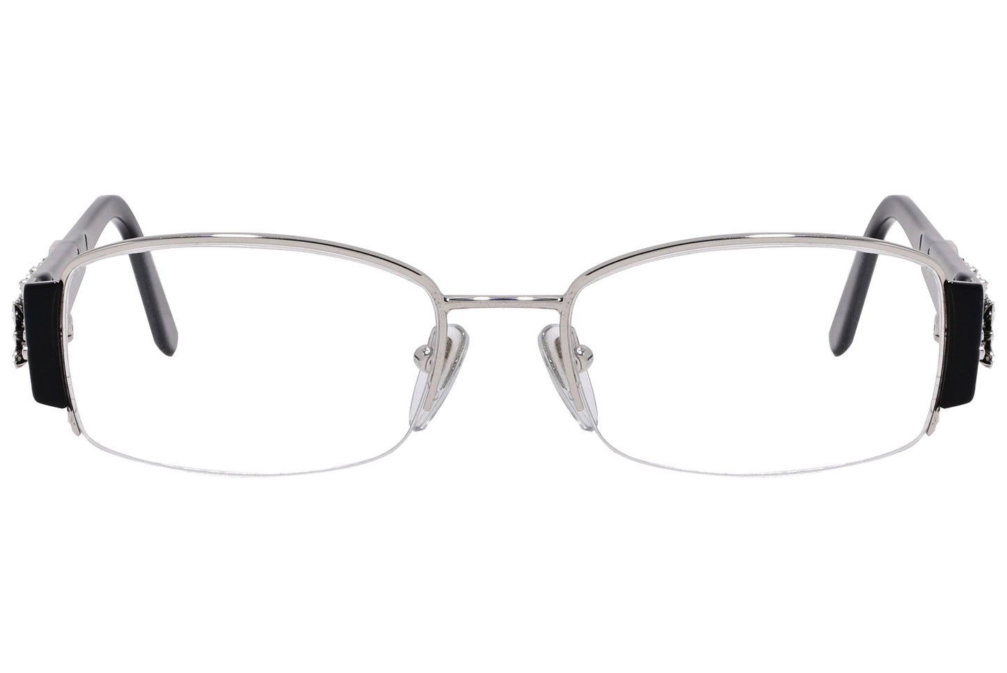 A pair of black rectangle eyeglasses with a metallic frame.