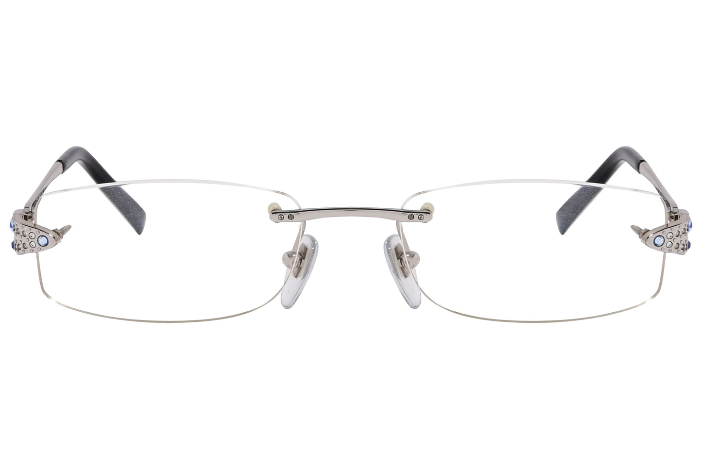 A pair of silver rectangle eyeglasses with decorative elements on the temples.
