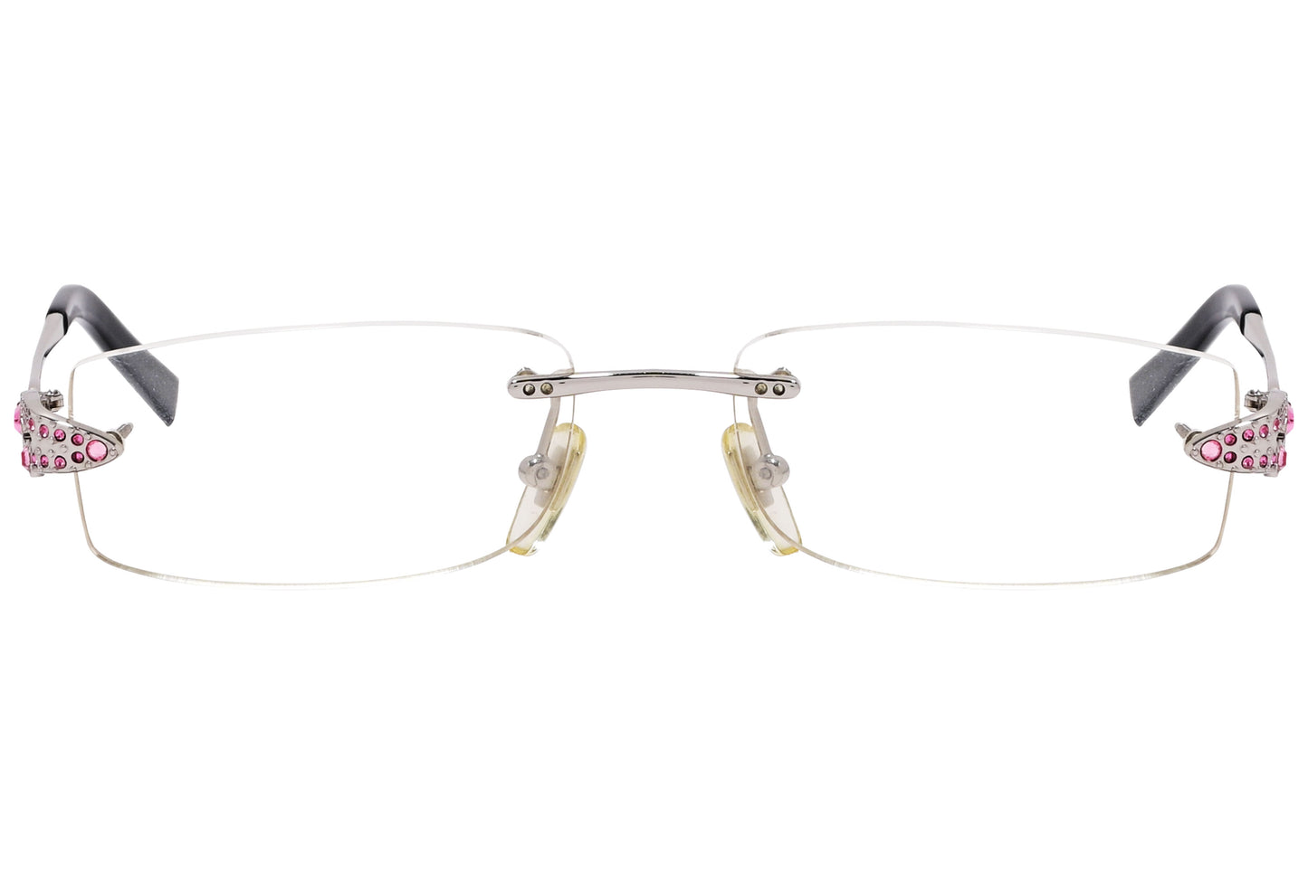 A pair of pink rectangle eyeglasses with decorative elements on the arms.
