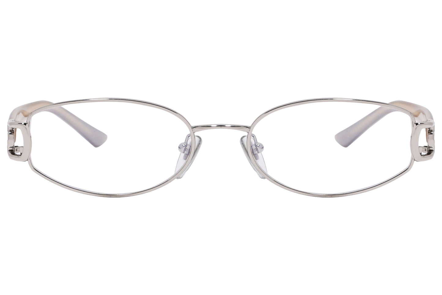 A silver oval eyeglasses frame with a full plastic lens and metal hinges.