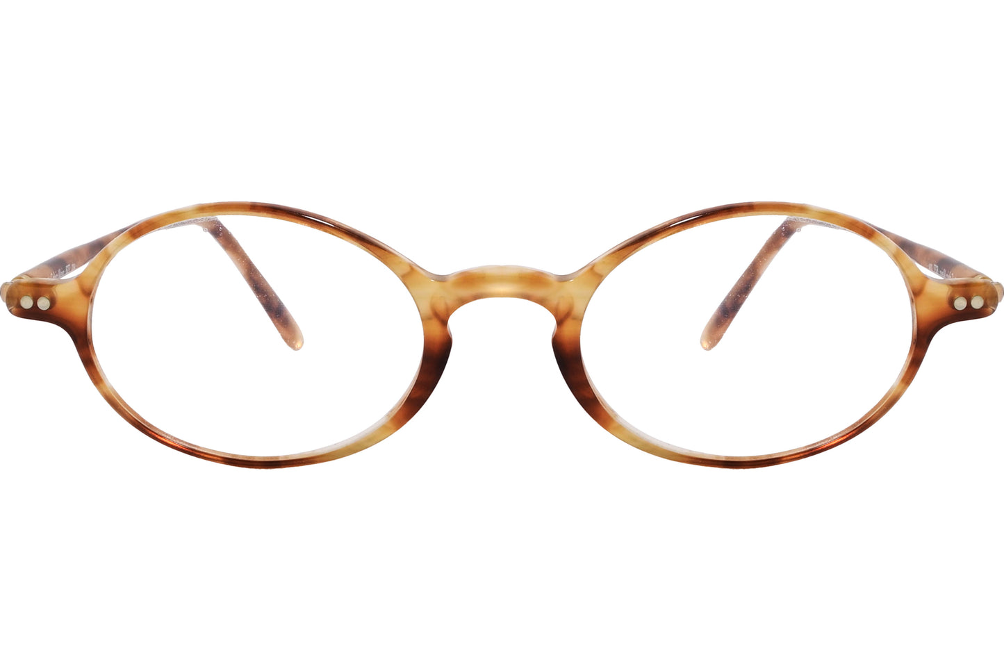Close-up of men’s orange oval eyeglasses showing frame color and details