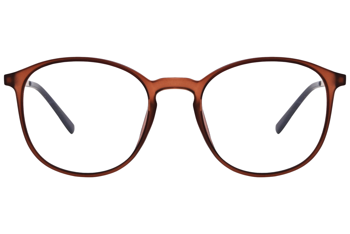 Close-up of round brown eyeglasses showing frame color and lens detail