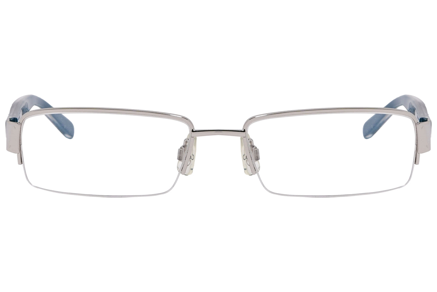 Close-up of men’s blue rectangular eyeglasses showing color and details