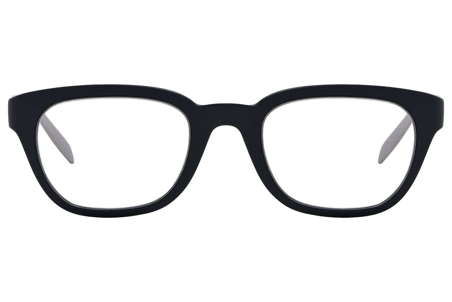 Close-up of gray rectangular eyeglasses showing modern matte finish