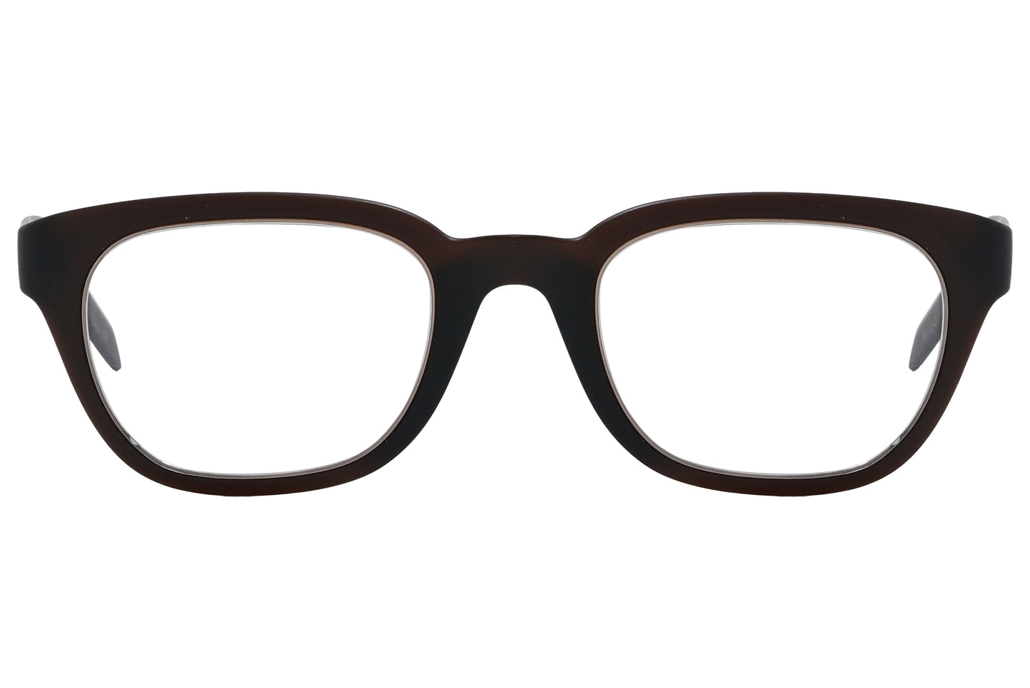 Close-up of brown rectangle eyeglasses showing clean lines and rich tone