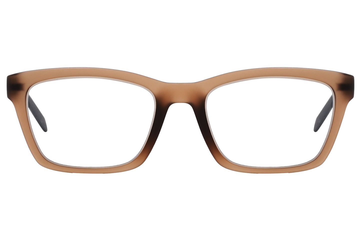Close-up of men’s brown wayfarer eyeglasses highlighting warm tone and details
