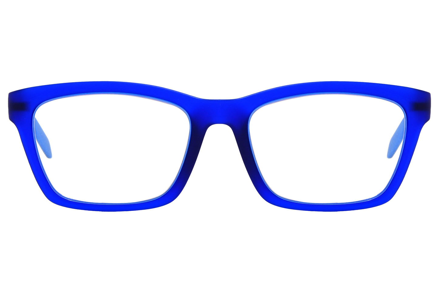 Close-up of men’s blue wayfarer eyeglasses showing frame color and details