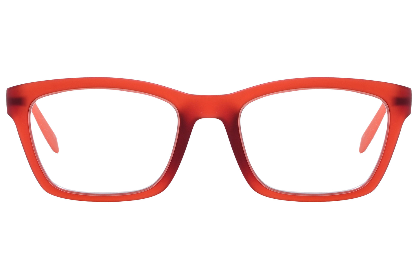 Close-up of men’s orange wayfarer eyeglasses highlighting vibrant frame