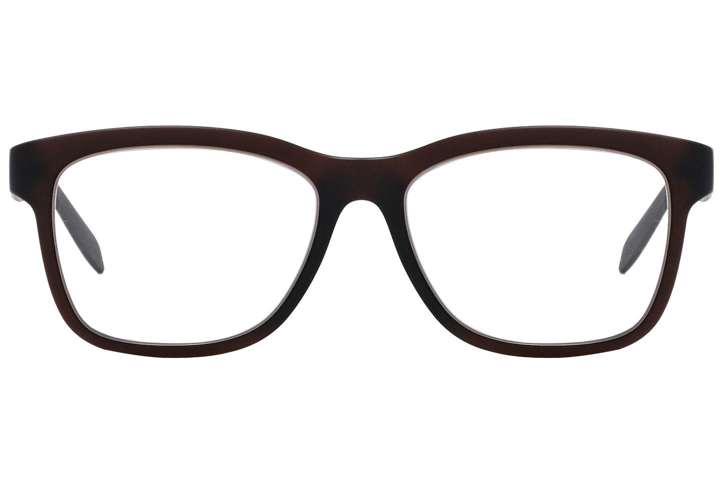 Close-up of brown wayfarer eyeglasses showing rich frame tone and details
