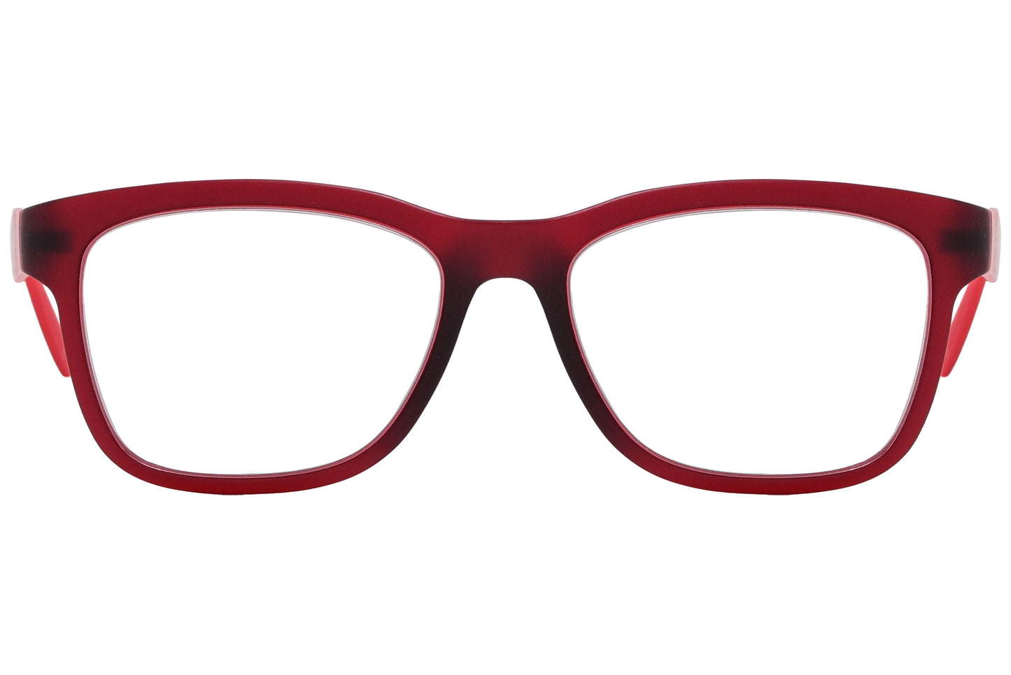 Close-up of men’s red wayfarer eyeglasses showing frame detail