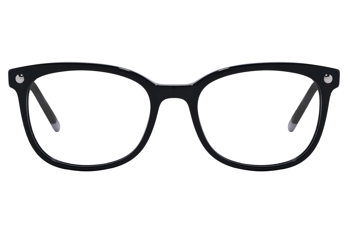 Close-up of men’s black rectangular eyeglasses showing frame details