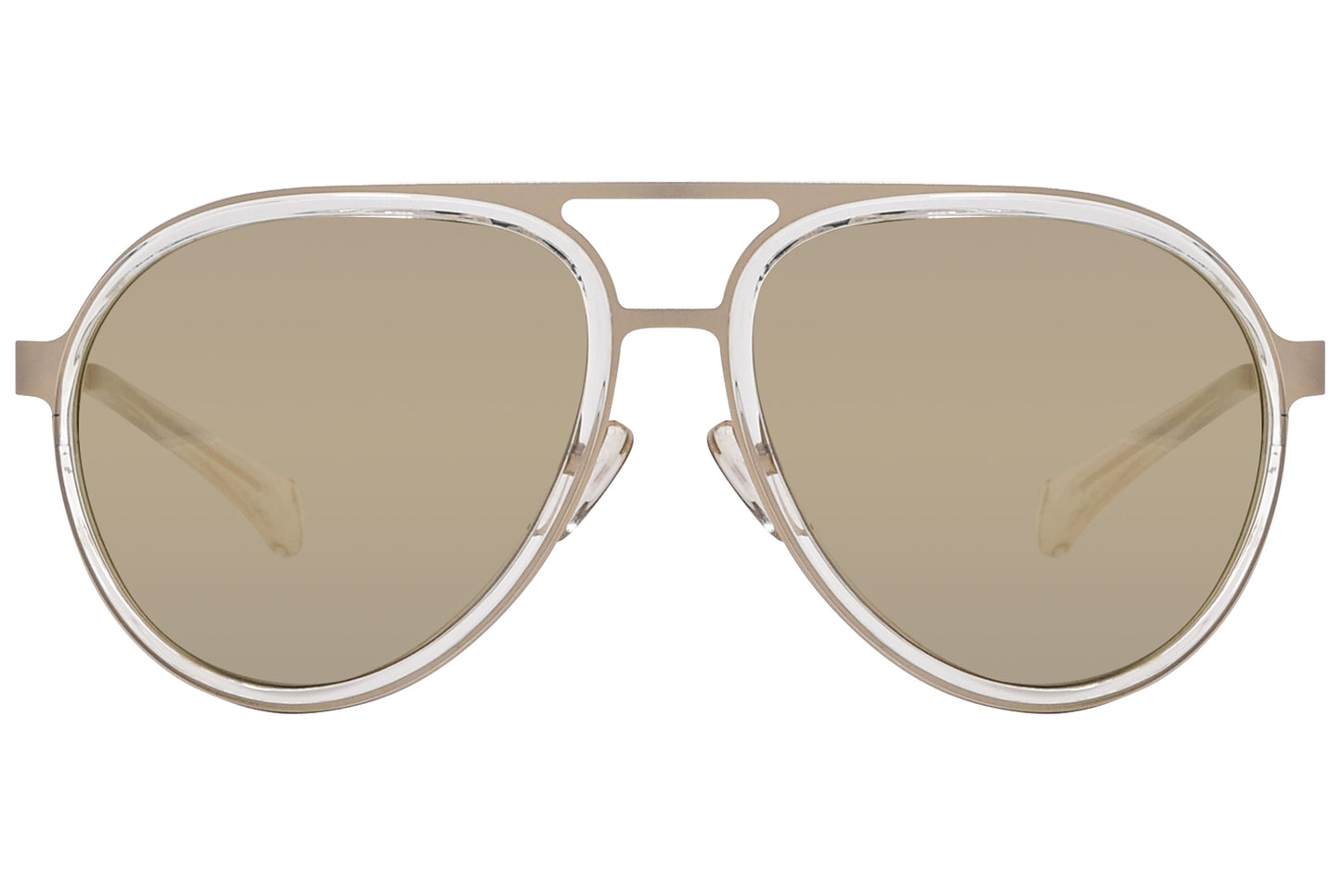 Close-up of Calvin Klein gold aviator sunglasses detailing the nose bridge and lens tint with CK logo