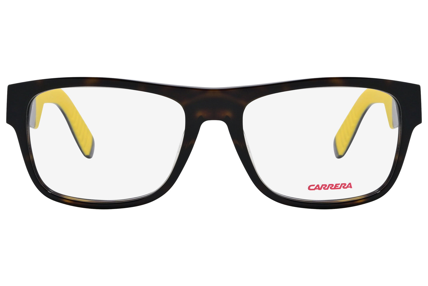 A pair of Carrera rectangle eyeglasses with brown and yellow frames.