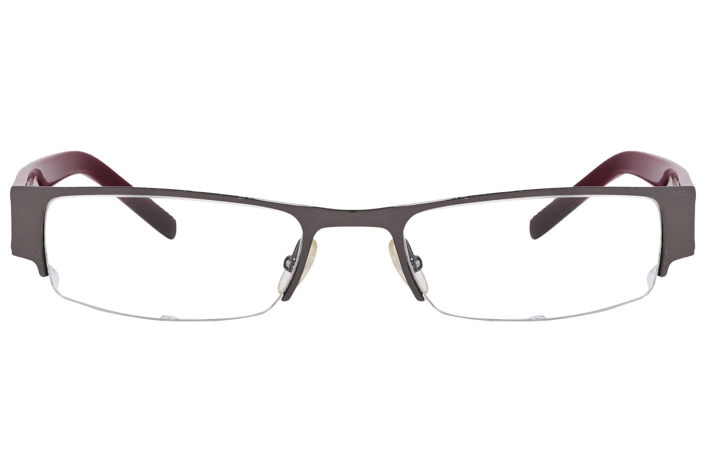 A pair of rectangular red eyeglasses with a metallic frame.